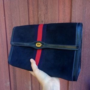 Vintage Gucci Parfums Clutch Suede Navy Red Stripe